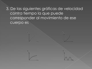 3. De las siguientes gráficas de velocidad
   contra tiempo la que puede
   corresponder al movimiento de ese
   cuerpo es
 