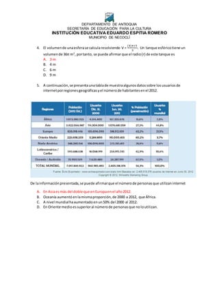 DEPARTAMENTO DE ANTIOQUIA
SECRETARÍA DE EDUCACIÓN PARA LA CULTURA
INSTITUCIÓN EDUCATIVA EDUARDO ESPITIA ROMERO
MUNICIPIO DE NECOCLÍ
4. El volumende unaesferase calcularesolviendo V =
(4)πr3
3
. Un tanque esféricotiene un
volumende 36π m3
, portanto, se puede afirmar que el radio(r) de este tanque es
A. 3 m
B. 4 m
C. 6 m
D. 9 m
5. A continuación,se presentaunatablade muestraalgunosdatossobre losusuariosde
internetporregionesgeográficasyel númerode habitantesenel 2012.
De lainformaciónpresentada,se puede afirmarque el númerode personasque utilizaninternet
A. En Asiaesmás del doble que enEuropaen el año2012.
B. Oceanía aumentóenlamismaproporción,de 2000 a 2012, que África.
C. A nivel mundialhaaumentadoenun50% del 2000 al 2012.
D. En Oriente medioes superioral númerode personasque noloutilizan.
 