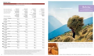 PreisE 2014
Spezielle Vorteilswochen ab Seite 34
Allgemeine Geschäftsbedingungen im Internet unter www.preidlhof.it

2
3
4
4
5
6
7
8
9

66

02.11. - 08.12.2014
Riesling-Tage
Gourmet-Herbst
DolceVita Wochen
Gourmet-Woche
Adventzeit

Tanzmonat
Wonnemonat
Badespaß
Almauftrieb

31.05. - 28.06.2014
Fronleichnam
Pfingsten
Alpenrosenblüte
Almwanderzeit
Badespaß

Reisezeit C
18.04. - 27.04.2014
Apfelblüte
Ostern

28.06. - 12.07.2014

Badespaß
Cabriowoche
Sommer - Sonne - DolceVita

11.10. - 02.11.2014
Goldener Herbst
Spa-Zeit
Gourmetherbst

Reisezeit D
12.07. - 16.08.2014

Unser Blumenlieferant
LEADING WELLNESSHOTELS SÜDTIROL

Hochsommer

16.08. - 06.09.2014
Kirchtag
Spätsommer

06.09. - 11.10.2014
Törggelezeit
Apfelernte
Weinlese

Doppelzimmer Margerite – (im Stammhaus, Nichtraucher)
ab 7 Tagen
104,- €
114,- €
120,- €
1 - 6 Tage
114,- €
124,- €
130,- €
Doppelzimmer Rose – (im Stammhaus, Nichtraucher)
ab 7 Tagen
109,- €
122,- €
134,- €
1 - 6 Tage
119,- €
132,- €
144,- €
Doppelzimmer Orchidee / Komfort-Doppelzimmer Lilie – (im Stammhaus, Nichtraucher)
ab 7 Tagen
118,- €
134,- €
144,- €
1 - 6 Tage
128,- €
144,- €
154,- €
Bio-Doppelzimmer Krokus / Komfort-Doppelzimmer Strelizie – (im Stammhaus, Nichtraucher)
ab 7 Tagen
130,- €
145,- €
158,- €
1 - 6 Tage
140,- €
155,- €
168,- €
Bio-Suite Edelweiß – (im Stammhaus, Nichtraucher)
ab 7 Tagen
135,- €
152,- €
164,- €
1 - 6 Tage
145,- €
162,- €
174,- €
Luxuszimmer Lantana / Luxuszimmer Lavendel / Romantikzimmer Jasmin – (im Sonnenschlössl, Nichtraucher)
ab 7 Tagen
141,- €
161,- €
173,- €
1 - 6 Tage
151,- €
171,- €
183,- €
Luxuszimmer Hibiscus – (im Stammhaus, Nichtraucher)
ab 7 Tagen
141,- €
161,- €
173,- €
1 - 6 Tage
151,- €
171,- €
183,- €
Bio-Suite Himmelschlüssel – (im Stammhaus, Nichtraucher)
ab 7 Tagen
141,- €
161,- €
173,- €
1 - 6 Tage
151,- €
171,- €
183,- €
Bio-Suite Silberdistel – (im Stammhaus, Nichtraucher)
ab 7 Tagen
144,- €
163,- €
175,- €
1 - 6 Tage
154,- €
173,- €
185,- €
Romantiksuite Magnolie / Romantiksuite Allemanda – (im Sonnenschlössl, Nichtraucher)
ab 7 Tagen
157,- €
181,- €
192,- €
1 - 6 Tage
167,- €
191,- €
202,- €
Romantiksuite Malve – (im Sonnenschlössl, Nichtraucher)
ab 7 Tagen
194,- €
217,- €
228,- €
1 - 6 Tage
204,- €
227,- €
238,- €
Einzelzimmer Veilchen – (im Stammhaus, Nichtraucher)
ab 7 Tagen
114,- €
127,- €
136,- €
1 - 6 Tage
124,- €
137,- €
146,- €
•	 Tagespreise pro Person, exklusive Ortstaxe von 1,3 Euro. Ab 2014 wird in Südtirol eine Ortstaxe von 1,3 Euro pro Person/Tag erhoben
•	 Die Zimmerpreise gelten pro Person/Tag inklusive der „Preidlhof-Verwöhnpension“ (reichhaltiges Frühstücksbuffet, nach­ ittags
m
14:00 bis 17:00 Uhr verführerisches Vitalbuffet mit Showcooking und Getränken, 7-gängiges à la carte Dinner abends)
•	 Bei Übernachtung nur mit Frühstück werden 10,- Euro pro Person/Tag vom HP-Preis abgezogen
•	 Für die 3. und jede weitere Person im Doppelzimmer gewähren wir 30 % Ermäßigung auf den HP-Preis

129,- €
139,- €
143,- €
153,- €
153,- €
163,- €
168,- €
178,- €
174,- €
184,- €
184,- €
194,- €
m i c h a e l e r- p a r t n e r.c o m

1

Bike-Opening
DolceVita Wochen
Gourmet-Woche
Narzissenwoche

Reisezeit B
27.04. - 31.05.2014

184,- €
194,- €
184,- €
194,- €

|

Preis pro Person / Tag
mit ¾-Verwöhnpension

Reisezeit A
29.03. - 18.04.2014

185,- €
195,- €
204,- €
214,- €
241,- €
251,- €
144,- €
154,- €

t a p p e i n e r.i t

Alle Zimmer verfügen über
Flat-TV, DVD-Player, kostenlosen Surf-PC, WLAN, Telefon,
Safe, Haarföhn, Wanderrucksack, Wanderkarten,
Bademantel, Garage

Eine besondere und sehr bekömmliche Art zu schwitzen, ist das traditionelle
Heubad. Die seit Generationen überlieferte Methode im feuchten Almheu mit seinen duftenden
Blumen, Kräutern und Gräsern nach modernen Behandlungsweisen zu „baden“ schenkt Wohlbeﬁnden und wirkt erholsam auf Körper und Geist. Eine von vielen Anwendungen in unseren erstklassig
ausgestatteten Hotels.

Dieses Hotel ist Mitglied bei den Belvita Leading Wellnesshotels Südtirol.

 