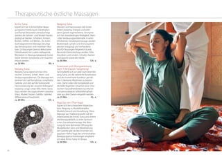 2726
Anmo Tuina
Eignet sich bei Schmerzhafter-Bewe-
gungseinschränkung an Gliedmaßen
und Rumpf. Besonders berücksichtigt
werden die Sehnen- und Muskel-Faszien
(jinjing) an Nacken, Schultern, Armem,
Rücken, Hüften und Beinen. Die indivi-
duell abgestimmte Massage beruhigt
das Nervensystem und mobilisiert Blut-
bzw. Qi-Stauungen (anmo). Behutsame
Gelenksarbeit löst zudem tiefliegende
Blockaden im Bewegungsapparat (tuina).
Damit können Symptome und Ursachen
erfasst werden.
ca. 50 Min. . . . . . . . . . . . . . . . . . . . . . . . . . 89,- €
Neizang Tuina
Neizang Tuina eignet sich bei chro-
nischen Schmerz, Schlaf-, Atem- und
Verdauungsproblemen. Die Massage kon-
zentriert sich auf Rumpf bzw. rumpfnahe
Gelenke und zielt auf die funktionelle
Harmonisierung der „inneren Vollorgane“
(neizang: Lunge, Leber, Milz, Niere, Herz).
Dazu werden die zugeordneten Gewebe
(Haut, Muskel, Faszien, Gefäße, Gelenke)
differenzierend bearbeitet.
ca. 80 Min. . . . . . . . . . . . . . . . . . . . . . . . . 129,- €
Neigong Tuina
Aktiviert und harmonisiert die innere
Arbeit (neigong, Energie) und wirkt
damit gezielt regenerierend. Sie eignet
sich bei stressbedingter Müdigkeit, Atem
-oder Verdauungsproblematik. In einer
erholsamen Ganzkörpermassage werden
Blutkreislauf, Lymph-und Immunsystem
aktiviert (neigong) und vorhandene
Blut/Qi-Stauungen freigesetzt (tuina).
Besonders berücksichtigt werden Füße,
Kreuzbein und Lenden, Schulter, Nacken
und Gesicht sowie die Hände.
ca. 80 Min. . . . . . . . . . . . . . . . . . . . . . . . . 129,- €
Anamnese und Übungsanleitung
nach TCM (Daoyin Yangsheng)
Sie empfiehlt sich vor oder nach einer Nei-
zang Tuina, um die natürliche Konstitution
und die momentane Kondition gemäß
den 5 Elemente-Rhythmen zu bestim-
men. Damit sollen die Komplexität und
die tiefer liegenden Ursachen einer chro-
nischen Gesundheitsbelastung erkannt
und personalisierte Selbsthilfemaßnah-
men aus dem Daoyin eingeübt werden.
ca. 25 Min. . . . . . . . . . . . . . . . . . . . . . . . . . 45,- €
Nuad bo rarn (Thai-Yoga)
Eignet sich bei schwachem Körperbau
bzw. Neigung zu Muskelkrämpfen,
Muskelschwund und Auszehrung. Diese
Massage aus Thailand gründet auf der
Arbeitsweise der Anmo Tuina und vereint
die Massageabläufe zu einer harmoni-
schen Ganzkörpermassage. Mit Beto-
nung auf eine dehnende Öffnung der
Muskelfaszien (sen) und Mobilisierung
der Gelenke gibt sie den Anschein von
passivem Hatha-Yoga. Bei schmerzhaften
Bewegungseinschränkungen empfiehlt
sich eine Anmo Tuina im Voraus.
ca. 80 Min. . . . . . . . . . . . . . . . . . . . . . . . . 129,- €
Therapeutische östliche Massagen
 