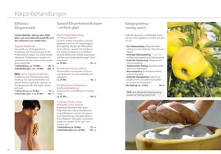 4746
Effektive
Körperwickel
Feinste Heilerde, Salz aus dem Toten
Meer und wertvollste Mineralstoffe sind
das Geheimnis von straffer Haut.
Ägyptos-Vitalwickel
Hautstraffung, Umfangreduktion,
Entgiftung und Körperformung an den
Problemzonen: Bauch, Po, Oberschenkel,
Oberarme. Problemzonen werden mit
getränkten warmen Baumwollbandagen
leicht umwickelt.
1 Behandlung, ca. 110 Min.. . . . . . . 120,- €
3 Behandlungen, á ca. 110 Min. . . . 260,- €
NEU: Quick -Ägyptos-Vitalwickel
Entgiftung und Entschlackung sowie
Straffung von Hautunebenheiten am
ganzen Körper. Optimal für Sportler da
der Abtransport der Milchsäure verbes-
sert wird.
1 Behandlung, ca. 50 Min.. . . . . . . . . 74,- €
3 Behandlungen, à ca. 50 Min. . .  190,- €
Körperbehandlungen
Spezial Körperbehandlungen
– einfach glatt
Phyto5 Köperbehandlung:
Yin-Yang Ausgleich
Für einen vitalen Energiefluss und Ener-
giebalance wird ein Yin-Yang Ausgleich
durchgeführt. Mit den Bio-Wirkstoffen
Serum Minceur werden die Problemzo-
nen kräftig einmassiert, anschließend
wird die Reflexzonen-Maske aufgetragen
und das entschlackende Körpergel „Erde“
eingecremt.
ca. 50 Min.. . . . . . . . . . . . . . . . . . . . . . . . . 65,- €
Phytobiodermie-Busenlifting
Die Elastizität und Festigkeit der Brust
wird verbessert und das Dekolleté wird
samtweich.
ca. 25 Min.. . . . . . . . . . . . . . . . . . . . . . . . . 38,- €
Phytobiodermie-Reflexzonen
Kopfhautbehandlung
Biostimulation und Reflezonen-Tonerde-
maske.
ca. 25 Min. . . . . . . . . . . . . . . . . . . . . . . . . . 48,- €
Fuhelndorf Perfect Body:
Wirkstoffe contra Skalpell
Ästethische Probleme wie Dellen,
Fettpölsterchen oder andere kleinere
Hautaufälligkeiten werden mit appara-
tiven Behandlungsmethoden effizient
und erfolgreich verringert. Die positive
Ergebnisse werden sicht-, spür- und
messbar sein.
1 Behandlung ca. 50 Min.. . . . . . . . . 115,- €
3 Behanldungen á ca. 50 Min.. . . . 310,- €
Körperpeeling –
samtig weich
Tiefe Reinigung bis in die feinsten Poren –
die Haut wird geglättet und fühlt sich wie
neu an.
•	Zen- Körperpeeling: pflegendes Mikro-
peeling aus Lotus & Bambus-Körnchen auf
Ölbasis
•	Vinschger Marmorpeeling:
stoffwechselanregend und tiefenreinigend
•	Südtiroler Apfelpeeling: zellregulierend
und hautstraffend
•	Traubentrester-Peeling: durchblutungför-
dernd und vitalisierend
•	Meersalzpeeling: feuchtigkeitspendend
und entschlackend
•	Südtiroler Honigpeeling: heilend und
entgiftend mit wertvollen Inhaltsstoffen -
ein natürliches Antibiotikum
Alle Peelings ca. 25 Min.. . . . . . . . . . . 34,- €
TIPP: eine pflegende Körperpackung
rundet ein Peeling optimal ab!
 