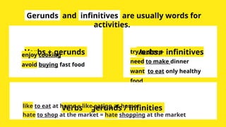 Verbs + gerunds
Gerunds and infinitives are usually words for
activities.
Verbs + infinitives
enjoy cooking
avoid buying fast food
try to sleep
need to make dinner
want to eat only healthy
food
Verbs + gerunds / infinities
like to eat at home = like eating at home
hate to shop at the market = hate shopping at the market
 