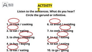 ACTIVITY
7
Listen to the sentences. What do you hear?
Circle the gerund or infinitive.
1. to cook / cooking
2. to eat / eating
3. to shop / shopping
4. to buy / buying
5. to eat / eating
6. to avoid / avoiding
7. to cook / cooking
8. to eat / eating
9. to eat / eating
10. to go / going
 