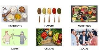 INGREDIENTS FLAVOUR
ORGANIC
AVOID
NUTRITIOUS
SOCIAL
 