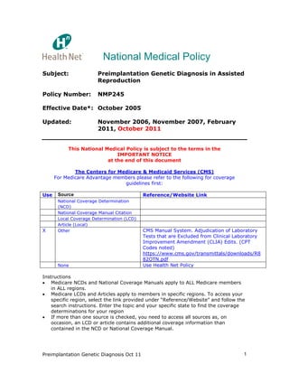 Preimplantation Genetic Diagnosis Oct 11 1 
National Medical Policy 
Subject: Preimplantation Genetic Diagnosis in Assisted Reproduction 
Policy Number: NMP245 
Effective Date*: October 2005 
Updated: November 2006, November 2007, February 2011, October 2011 
This National Medical Policy is subject to the terms in the 
IMPORTANT NOTICE 
at the end of this document 
The Centers for Medicare & Medicaid Services (CMS) 
For Medicare Advantage members please refer to the following for coverage guidelines first: 
Use 
Source 
Reference/Website Link 
National Coverage Determination (NCD) 
National Coverage Manual Citation 
Local Coverage Determination (LCD) 
Article (Local) 
X 
Other 
CMS Manual System. Adjudication of Laboratory Tests that are Excluded from Clinical Laboratory Improvement Amendment (CLIA) Edits. (CPT Codes noted) 
https://www.cms.gov/transmittals/downloads/R882OTN.pdf 
None 
Use Health Net Policy 
Instructions 
 Medicare NCDs and National Coverage Manuals apply to ALL Medicare members in ALL regions. 
 Medicare LCDs and Articles apply to members in specific regions. To access your specific region, select the link provided under “Reference/Website” and follow the search instructions. Enter the topic and your specific state to find the coverage determinations for your region 
 If more than one source is checked, you need to access all sources as, on occasion, an LCD or article contains additional coverage information than contained in the NCD or National Coverage Manual.  