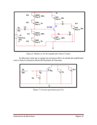 Laboratorio de Electrónica Página 12
Figura 6. Modelo en AC del amplificador Emisor Común.
Se debe hacer notar que se agregó una resistencia (Rs) a la entrada del amplificador
como si fuera la resistencia interna del Generador de Funciones.
Figura 7. Circuito equivalente para Cin.
 