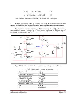 Laboratorio de Electrónica Página 18
(20)
(21)
Estas corrientes se consideraron en AC y las tensión a sus valores peak.
 Medir la ganancia de voltaje y corriente, y el ancho de banda para una señal de
entrada sinusoidal con una amplitud igual a la mitad de la máxima incursión simétrica.
Para la máxima excursión simétrica, se obtiene un voltaje de 8.649 [V]. Por lo tanto,
se alimentará la red con 4.3245 [Vrms]. El actual circuito se presenta en la figura 11 y sus
parámetros se detallan en la tabla 8.
Figura 11. Circuito actual, para la obtención de ganancias y ancho de banda.
Tabla 8. Valores teóricos para la red actual.
Parámetros DC Valor
Vcc 12 [V]
Voltaje RMS de entrada 4.32 [mV]
Frecuencia de entrada 1.0 [kHz]
Voltaje RMS de salida 78.8 [mV]
Frecuencia de salida 1.0 [kHz]
Corriente RMS de entrada 0.231 [uA]
Corriente RMS de salida 78.80 [uA]
Vce 6.06 [V]
Ic 0.988 [mA]
 