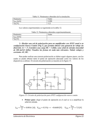 Laboratorio de Electrónica Página 22
Tabla 11. Parámetros obtenidos de la simulación.
Parámetro Valor
IDSS [mA] 3,208
Vp [V] -2,2
Los valores experimentales se registrarán en la tabla 12.
Tabla 12. Parámetros obtenidos experimentalmente.
Parámetro Valor
IDSS [mA]
Vp [V]
2.- Diseñar una red de polarización para un amplificador con JFET canal n en
configuración Source Común (Fig.7), que permita obtener una ganancia de voltaje sin
distorsión Av = -5 .Considere una carga RL = 1 [kΩ] y una señal de entrada sinusoidal
de 100 [mV]/1 [kHz]. Visualice las formas de onda más relevantes. Tabule voltajes y
corrientes AC, DC.
Para poder realizar una correcta polarización se deben seguir algunos pasos, con los
cuales se puede obtener tanto el punto de operación adecuado como los valores de los
dispositivos a utilizar. El circuito de polarización se muestra en la figura 15.
Figura 15. Circuito de polarización para JFET configuración source común.
 Primer paso: elegir el punto de operación en el cual se va a amplificar la
señal de entrada.
 