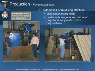 Production  -  Polyurethane foam Automatic Foam Mixing Machine uses  shear mixing  head produces homogeneous mixture of  polyol  and  isocyanate  to form  polyurethane Mixing Head  (shear mixing, mixes polyols and isocyanates) 