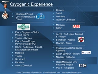 Cryogenic Experience Elba Island Project Cove Point Maryland Project Chevron Sadaf Westlake Quantum Chemical ALNG - Port Lisas, Trinidad & Tobago Sonatrach - Algeria Oxymar - Texas Petroquimica Bahia Blanca - Argentina Exxon Baytown Refinery Navacar - Alabama Hassi Messaoud LPG Recovery Project PSC II - Singapore Maraven BASF Exxon Singapore Olefins Project (SOP) Texaco - Syngas Exxon Baton Rouge Polyproplyne (BRPO) HCJV - Pertamina - Train H - LNG Expansion Project Maraven Texaco Sonatrach Pequiven Amoco Chemical 