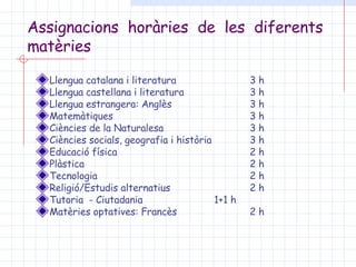 Assignacions horàries de les diferents matèries Llengua catalana i literatura  3 h Llengua castellana i literatura    3 h Llengua estrangera: Anglès 3 h Matemàtiques 3 h Ciències de la Naturalesa 3 h Ciències socials, geografia i història  3 h Educació física  2 h Plàstica 2 h Tecnologia  2 h Religió/Estudis alternatius  2 h Tutoria  - Ciutadania 1+1 h Matèries optatives: Francès  2 h 