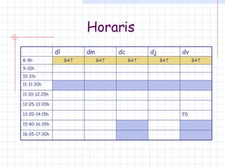 Horaris 16:35-17:30h 15:40-16:35h ED 13:20-14:15h 12:25-13:20h 11:30-12:25h 11-11:30h 10-11h 9-10h BAT BAT BAT BAT BAT 8-9h dv dj dc dm dl 