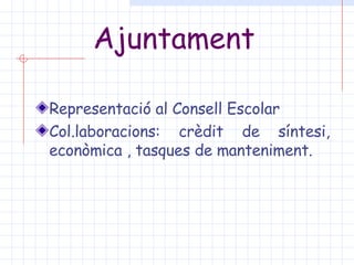 Ajuntament Representació al Consell Escolar Col.laboracions: crèdit de síntesi, econòmica , tasques de manteniment. 