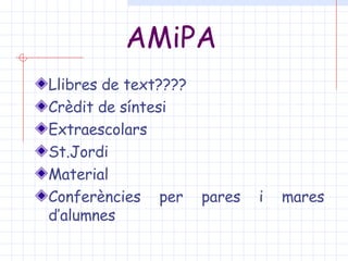 AMiPA Llibres de text???? Crèdit de síntesi Extraescolars St.Jordi Material Conferències per pares i mares d’alumnes  