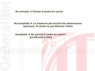 No revisada  Permet al centre fer canvis




No acceptada  La inspecció pot escriure les observacions
       oportunes. El centre no pot difondre l’oferta


 Acceptada  No permet al centre fer canvis i
            pot difondre l’oferta
 