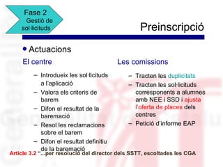 Fase 2
     Gestió de
    sol·licituds                                  Preinscripció
     q   Actuacions
     El centre                            Les comissions
          – Introdueix les sol·licituds      – Tracten les duplicitats
            a l’aplicació                    – Tracten les sol·licituds
          – Valora els criteris de             corresponents a alumnes
            barem                              amb NEE i SSD i ajusta
          – Difon el resultat de la            l’oferta de places dels
            baremació                          centres
          – Resol les reclamacions           – Petició d’informe EAP
            sobre el barem
          – Difon el resultat definitiu
            de la baremació
Article 3.2 “...per resolució del director dels SSTT, escoltades les CGA
 