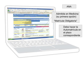 Admitida en Medicina
(su primera opción)
“Matrícula Obligatoria”
Debe hacer la
Automatrícula en
el plazo
correspondiente
ANA
 