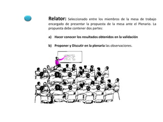 Relator: Seleccionado entre los miembros de la mesa de trabajo
encargado de presentar la propuesta de la mesa ante el Plenario. La
propuesta debe contener dos partes:
a) Hacer conocer los resultados obtenidos en la validación
b) Proponer y Discutir en la plenaria las observaciones.
 