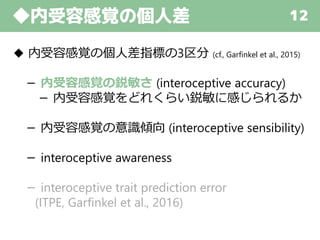 ◆内受容感覚の個人差 12
◆ 内受容感覚の個人差指標の3区分 (cf., Garfinkel et al., 2015)
－ 内受容感覚の鋭敏さ (interoceptive accuracy)
－ 内受容感覚をどれくらい鋭敏に感じられるか
－ 内受容感覚の意識傾向 (interoceptive sensibility)
－ interoceptive awareness
－ interoceptive trait prediction error
(ITPE, Garfinkel et al., 2016)
 