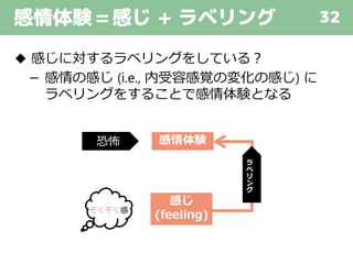 感情体験=感じ + ラベリング 32
◆ 感じに対するラベリングをしている？
－ 感情の感じ (i.e., 内受容感覚の変化の感じ) に
ラベリングをすることで感情体験となる
感じ
(feeling)
感情体験
ぞくぞく感
恐怖
ラ
ベ
リ
ン
グ
 