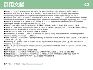 引用文献 42
◆Barrett, L. F. (2017). How emotions are made: The secret life of the brain. Houghton Mifflin Harcourt.
◆Garfinkel, S. N., Seth, A. K., Barrett, A. B., Suzuki, K., & Critchley, H. D. (2015). Knowing your own heart:
distinguishing interoceptive accuracy from interoceptive awareness. Biological psychology, 104, 65-74.
◆Garfinkel, S. N., Tiley, C., O'Keeffe, S., Harrison, N. A., Seth, A. K., & Critchley, H. D. (2016). Discrepancies between
dimensions of interoception in autism: Implications for emotion and anxiety. Biological psychology, 114, 117-126.
◆Gray, M. A., Harrison, N. A., Wiens, S., & Critchley, H. D. (2007). Modulation of emotional appraisal by false
physiological feedback during fMRI. PLoS one, 2(6), e546.
◆乾敏郎 (2018). 感情とはそもそも何なのか 現代科学で読み解く感情の仕組みと障害 ミネルヴァ書房
◆James, W. (1884). What is an emotion?. Mind, 9, 188-205. (宇津木 (2007) (訳) ウィリアム・J著 情動とは何か?)
◆神谷俊次 (2005) 第11章 感情 ヒルガードの心理学 第14版
◆西村清和 (2018). 感情の哲学 分析哲学と現象学 勁草書房
◆Nummenmaa, L., Glerean, E., Hari, R., & Hietanen, J. K. (2014). Bodily maps of emotions. Proceedings of the
National Academy of Sciences, 111, 646-651.
◆Prinz, J. J. (2004). Gut reactions: A perceptual theory of emotion. Oxford University Press. (源河亨 (2016) (訳) はら
わたが煮えくりかえる)
◆Rosenberg, E. L. (1998). Levels of analysis and the organization of affect (Vol. 2, No. 3, p. 247). Educational
Publishing Foundation.
◆Seth, A. K. (2013). Interoceptive inference, emotion, and the embodied self. Trends in cognitive sciences, 17(11),
565-573.
◆信原幸弘 (2017). 情動の哲学入門 勁草書房
◆鈴木貴之 (2015). ぼくらが原子の集まりなら，なぜ痛みや悲しみを感じるのだろう 勁草書房
◆髙橋亜希 (2016). Highly Sensitive Person Scale 日本版 (HSPS-J19) の作成 感情心理学研究, 23, 68-77.
◆戸田山和久 (2016). 恐怖の哲学 ホラーで人間を読む NHK出版新書
◆アイコン・イラスト http://icooon-mono.com/
 