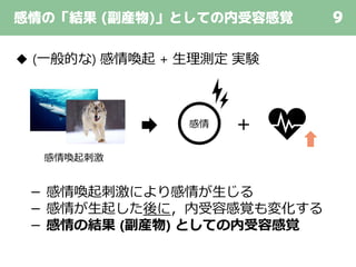 感情の「結果 (副産物)」としての内受容感覚 9
◆ (一般的な) 感情喚起 + 生理測定 実験
－ 感情喚起刺激により感情が生じる
－ 感情が生起した後に，内受容感覚も変化する
－ 感情の結果 (副産物) としての内受容感覚
感情
感情喚起刺激
 
