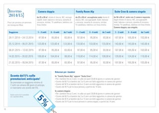 10
Camera doppia Family Room Alp Suite Cron  camera singola
da 25 a 28 m2
, dotata di doccia, WC, asciuga-
capelli, bidet, balcone o terrazza, cassetta di
sicurezza, minibar, TV satellitare, telefono con
linea diretta
da 25 a 40 m2
, accogliente suite dotata di
doccia, WC, asciugacapelli, bidet, balcone
o terrazza, cassetta di sicurezza, minibar,
TV satellitare, telefono con linea diretta
da 50 a 60 m², suite con 2 camere separate,
bagno dotato di doccia, WC, asciugacapelli,
bidet, balcone o terrazza, cassetta di sicurezza,
minibar, TV satellitare, telefono con linea diretta.
Camera doppia, uso singola.
Soggiorno 1 – 2 notti 3 – 6 notti da 7 notti 1 – 2 notti 3 – 6 notti da 7 notti 1 – 2 notti 3 – 6 notti da 7 notti
29.11.2014 – 24.12.2014 87,00 € 85,00 € 83,00 € 97,00 € 95,00 € 93,00 € 107,00 € 105,00 € 103,00 €
25.12.2014 – 05.01.2015 123,00 € 123,00 € 123,00 € 133,00 € 133,00 € 133,00 € 143,00 € 143,00 € 143,00 €
06.01.2015 – 13.02.2015 87,00 € 85,00 € 83,00 € 97,00 € 95,00 € 93,00 € 107,00 € 105,00 € 103,00 €
14.02.2015 – 20.02.2015 109,00 € 104,00 € 99,00 € 119,00 € 114,00 € 109,00 € 129,00 € 124,00 € 119,00 €
21.02.2015 – 05.04.2015 87,00 € 85,00 € 83,00 € 97,00 € 95,00 € 93,00 € 107,00 € 105,00 € 103,00 €
Prezzi per persona con pensione
per buongustai Moar
Inverno
2014/15
Sconto del 5% sulle
prenotazioni anticipate!
Se prenotate un soggiorno minimo di
7 notti con almeno 60 giorni di anticipo,
vi riserviamo uno sconto del 5%.
Questo sconto non è cumulabile
con i pacchetti offerta.
5%
Riduzioni per i bambini
In “Family Room Alp” oppure “Suite Cron”:
• Per i bambini fino ai 2 anni, in culla con pasti 20,00 €/giorno in camera dei genitori
• Sconto del 60 % ai bambini dai 3 ai 5 anni con letto aggiuntivo in camera dei genitori
• Sconto del 50 % ai bambini dai 6 ai 13 anni con letto aggiuntivo in camera dei genitori
• Sconto del 40 % per la terza persona, a partire dai 14 anni.
In camera doppia:
• Per i bambini fino ai 2 anni, in culla con pasti 20,00 €/giorno in camera dei genitori
• Sconto del 60 % ai bambini dai 3 ai 5 anni con letto aggiuntivo in camera dei genitori
• Sconto del 30 % ai bambini dai 6 ai 13 anni con letto aggiuntivo in camera dei genitori
• Sconto del 25 % per la terza persona in camera doppia, a partire dai 14 anni.
 