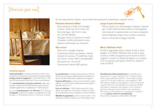 7
Servizi per voi
Condizioni generali
I prezzi giornalieri s’intendono per persona a notte e sono
comprensivi del trattamento di pensione per buongustai Moar,
esclusa tassa di soggiorno di 1,00 € (nel 2014), di 1,50 €
(nel 2015) per persona (a partire da 14 anni) e pernottamento.
Per il pernottamento con prima colazione, dalla mezza
pensione verranno detratti 9,00 €/persona, per la pensione
completa applichiamo un supplemento di 15,00 €/persona.
In caso di pernottamento a S. Silvestro (31.12.2014) e a
Ferragosto (15.08.2014) si applica un supplemento di 15,00
€/adulto e 7,50 €/bambino (da 6 a 14 anni) per il cenone.
La prenotazione è vincolante previa conferma scritta da
parte nostra. Al momento della prenotazione chiediamo un
acconto del 30% dell’importo complessivo del soggiorno.
Il giorno dell’arrivo, le camere sono disponibili a partire
dalle ore 14, mentre il giorno della partenza siete pregati di
liberarle entro le ore 11.
Cani su richiesta: 11,00 € al giorno senza cibo. Vi pre-
ghiamo di ricordare che i vostri amici a 4 zampe non hanno
accesso alla sala da pranzo, al giardino e al centro wellness.
Modalità di pagamento: contanti o carta di credito – Visa,
Mastercard, American Express o con home banking in loco.
Annullamento della prenotazione: la cancellazione è
gratuita fino a 31 giorni dall’arrivo. Per il rimborso dell’ac-
conto saranno addebitati 20,00 €. A fronte della cancella-
zione da 15 a 30 giorni dall’arrivo, sarà addebitato il 30%
dell’importo complessivo del soggiorno, mentre a partire da
14 giorni dall’arrivo sarà calcolata una penale pari all’80%
dell’importo complessivo del soggiorno. Arrivi ritardati e
partenze anticipate saranno trattati come cancellazioni.
Per evitare una tale evenienza, vi consigliamo di stipulare
una una polizza contro la cancellazione:
http://hotel.europaeische.at/hgv?AGN=10015622
Pensione benessere Moar
·	Ricca colazione a buffet con formaggi
e salumi, müsli, bar dei tè, frutta, ecc.
·	Nel pomeriggio, dolci fatti in casa
per il piccolo appetito
·	Variegato menù di 5 portate con buffet
d’insalate e buffet settimanali a tema
·	Aperitivo domenicale con stuzzichini
Luogo di pace ed energia
·	Piscina coperta con idromassaggio integrato, impianto
per il nuoto controcorrente e percorso massaggiante
·	Sala relax per la rigenerazione e la ricarica energetica
·	Sauna finlandese, bagno turco e cabina a infrarossi
·	Doccia a chiocciola e pioggia tropicale
Se non diversamente indicato, i prezzi della mezza pensione comprendono i seguenti servizi.
Altri servizi
·	 Posto auto in garage compreso
·	Confortevoli camere con balcone, minibar,
cassetta di sicurezza, TV satellitare, bagni
con doccia o vasca, bidet e asciugacapelli
·	 Sala giochi per i più piccoli
·	 Connessione internet WIFI gratuita
Moar’s Wellness Pack
Evitate di aggiungere peso e volume inutile ai vostri
bagagli: con il Moar’s Wellness Pack avrete a dispo-
sizione un soffice accappatoio per la durata di tutto il
soggiorno, insieme a ciabatte da bagno e a un campio-
ne di un esclusivo gel sportivo Vitalis Dr. Joseph al
costo di 8,00 €.
 