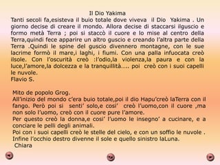 Il Dio Yakima
Tanti secoli fa,esisteva il buio totale dove viveva il Dio Yakima . Un
giorno decise di creare il mondo. Allora decise di staccarsi ilguscio e
formo metà Terra ; poi si staccò il cuore e lo mise al centro della
Terra,quindi fece apparire un altro guscio e creando l’altra parte della
Terra .Quindi le spine del guscio divennero montagne, con le sue
lacrime formò il mare,i laghi, i fiumi. Con una palla infuocata creò
ilsole. Con l’oscurità creò :l’odio,la violenza,la paura e con la
luce,l’amore,la dolcezza e la tranquillità….. poi creò con i suoi capelli
le nuvole.
Flavio S.

Mito de popolo Grog.
All’inizio del mondo c’era buio totale,poi il dio Hapu’creò laTerra con il
fango. Però poi si senti’ solo,e cosi’ creò l’uomo,con il cuore ,ma
non solo l’uomo, creò con il cuore pure l’amore.
Per questo creò la donna,e cosi’ l’uomo le insegno’ a cucinare, e a
conciare le pelli degli animali.
Poi con i suoi capelli creò le stelle del cielo, e con un soffio le nuvole .
Infine l’occhio destro divenne il sole e quello sinistro laLuna.
 Chiara
 