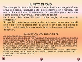 IL MITO DI RAID
Tanto tempo fa c’era solo il buio e il capo Raid era triste,perché non
aveva compagnia. Perciò,con delle pietre enormi e con il martello, fece
una scultura a forma di uomo,e,con un semplice gesto….ecco che
l’uomo si mise a muoversi,e… creo’ anche la donna!
Poi il capo Raid disse:‖Mi sento molto meglio, almeno sono in
compagnia!‖
Il capo Raid,però,voleva creare anche tante cose per cui:con i capelli
creò il cielo, con le braccia creò gli uccelli e con i peli, che dipinse di
verde, ci creò il prato,le nuvole con le labra ,e il mare con le lacrime.
 Federica C.

                      ZUZZURRO IL DIO DELLA NEVE
ALL’ INIZIO DEL MONDO, C’ ERA SOLO NEVE.
LA NEVE SI STAVA SCIOGLIENDO E PIAN PIANO DIVENTAVA GHIACCIO. UN GIORNO IL GHIACCIO
STAVA DIVENTANDO ACQUA : E DA Liì NACQUE ZUZZURRO. ZUZZURRO DIVENNE IL PRIMO DIO
CHE NACQUE SULLA TERRA .UN GIORNO ZUZZURRO DECISE DI ANDARE A ESPLOLARE IL SUO
MONDO, E SI ACCORSE CHE c’ERA SOLO NEVE. ALLORA DECISE DI CREARE IL MONDO : CON I
CAPELLI CREO’ L’ ERBA, CON GLI OCCHI CREO’ GLI ALBERI , CON IL NASO LE CAVERNE , CON
LA BOCCA I SENTIERI E CON LE SOPRA ACCIGLIA CREO’ L’ AMORE.
ZUZZURRO SI SENTIVA SOLO E ALLORA CREO’ L’ UOMO CON LE BRACCIA E LE DONNE CON LE
GAMBE. PURTROPPO POIZUZZURRO MORIì E DIVENTO’ CENERE, LA CENERE DIVENTO’ UNA
STELLA E LA STELLA DIVENTO’ IL SOLE.
GIORGIA M
 