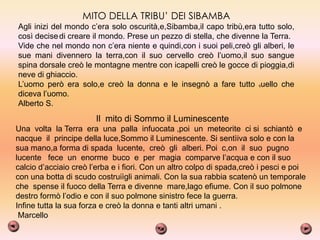 MITO DELLA TRIBU’ DEI SIBAMBA
Agli inizi del mondo c’era solo oscurità,e,Sibamba,il capo tribù,era tutto solo,
così decise di creare il mondo. Prese un pezzo di stella, che divenne la Terra.
Vide che nel mondo non c’era niente e quindi,con i suoi peli,creò gli alberi, le
sue mani divennero la terra,con il suo cervello creò l’uomo,il suo sangue
spina dorsale creò le montagne mentre con icapelli creò le gocce di pioggia,di
neve di ghiaccio.
L’uomo però era solo,e creò la donna e le insegnò a fare tutto quello che
diceva l’uomo.
Alberto S.
                       Il mito di Sommo il Luminescente
Una volta la Terra era una palla infuocata ,poi un meteorite ci si schiantò e
nacque il principe della luce,Sommo il Luminescente. Si sentìiva solo e con la
sua mano,a forma di spada lucente, creò gli alberi. Poi c,on il suo pugno
lucente fece un enorme buco e per magia comparve l’acqua e con il suo
calcio d’acciaio creò l’erba e i fiori. Con un altro colpo di spada,creò i pesci e poi
con una botta di scudo costruiìgli animali. Con la sua rabbia scatenò un temporale
che spense il fuoco della Terra e divenne mare,lago efiume. Con il suo polmone
destro formò l’odio e con il suo polmone sinistro fece la guerra.
Infine tutta la sua forza e creò la donna e tanti altri umani .
 Marcello
 
