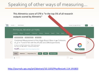 Speaking of other ways of measuring…
http://journals.aps.org/prl/abstract/10.1103/PhysRevLett.114.191803
This Altmetrics s...