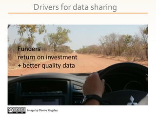 Drivers for data sharing
Image by Danny Kingsley
Funders –
return on investment
+ better quality data
 