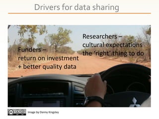 Drivers for data sharing
Image by Danny Kingsley
Funders –
return on investment
+ better quality data
Researchers –
cultur...