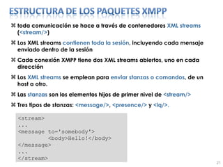toda comunicación se hace a través de contenedores  XML streams  ( <stream/> ) Los XML streams  contienen toda la sesión , incluyendo cada mensaje enviado dentro de la sesión Cada conexión XMPP tiene dos XML streams abiertos, uno en cada dirección Los  XML streams  se emplean para  enviar stanzas o comandos , de un host a otro.  Las  stanzas  son los elementos hijos de primer nivel de  <stream/> Tres tipos de stanzas:  <message/> ,  <presence/>  y  <iq/>. <stream> ... <message to='somebody'> <body>Hello!</body> </message> ... </stream> 