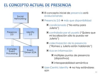 El concepto inicial de  presencia  está  evolucionando Presencia 2.0     más que disponibilidad condicionada  (“No estoy para Julieta”) controlada por el usuario  (“Quiero que mi localización sólo la pueda ver Julieta”) colectivización de la presencia  (“Romeo y Julieta están hablando”) rica en información múltiples puntos de presencia (dispositivos) interoperabilidad semántica User-Centric Identity    no hay estándares aún Presence 2.0 Identity 2.0 Complex Event Processing Event-Driven SOA Social Networking 