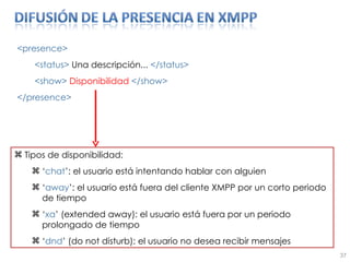 <presence> <status>  Una descripción...  </status> <show>  Disponibilidad  </show> </presence> Tipos de disponibilidad: ‘ chat ’ : el usuario está intentando hablar con alguien ‘ away ’ : el usuario está fuera del cliente XMPP por un corto periodo de tiempo ‘ xa ’  (extended away): el usuario está fuera por un periodo prolongado de tiempo ‘ dnd ’  (do not disturb): el usuario no desea recibir mensajes 