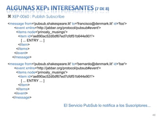 XEP-0060 : Publish Subscribe < message   from ='pubsub.shakespeare.lit'  to ='francisco@denmark.lit'  id ='foo'>    < event   xmlns ='http://jabber.org/protocol/pubsub#event'>    < items   node ='princely_musings'>    < item   id ='ae890ac52d0df67ed7cfdf51b644e901'>   [ ... ENTRY ... ]    </ item >    </ items >    </ event >  </ message >  < message   from ='pubsub.shakespeare.lit'  to ='bernardo@denmark.lit'  id ='bar'>    < event   xmlns ='http://jabber.org/protocol/pubsub#event'>    < items   node ='princely_musings'>    < item   id ='ae890ac52d0df67ed7cfdf51b644e901'>    [ ... ENTRY ... ]    </ item >    </ items >    </ event >  </ message > El Servicio PubSub lo notifica a los Suscriptores... 