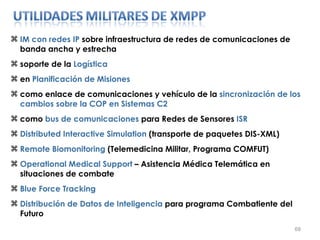 IM con redes IP  sobre infraestructura de redes de comunicaciones de banda ancha y estrecha soporte de la  Logística en  Planificación de Misiones como enlace de comunicaciones y vehículo de la  sincronización de los cambios sobre la COP en Sistemas C2 como  bus de comunicaciones  para Redes de Sensores  ISR Distributed Interactive Simulation  (transporte de paquetes DIS-XML) Remote Biomonitoring  (Telemedicina Militar, Programa COMFUT) Operational Medical Support  – Asistencia Médica Telemática en situaciones de combate Blue Force Tracking Distribución de Datos de Inteligencia  para programa Combatiente del Futuro 
