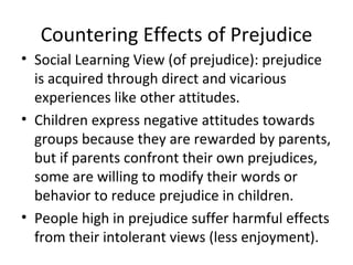 Countering Effects of Prejudice Social Learning View (of prejudice): prejudice is acquired through direct and vicarious experiences like other attitudes. Children express negative attitudes towards groups because they are rewarded by parents, but if parents confront their own prejudices, some are willing to modify their words or behavior to reduce prejudice in children. People high in prejudice suffer harmful effects from their intolerant views (less enjoyment). 