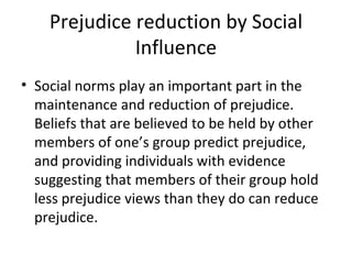 Prejudice reduction by Social Influence Social norms play an important part in the maintenance and reduction of prejudice. Beliefs that are believed to be held by other members of one’s group predict prejudice, and providing individuals with evidence suggesting that members of their group hold less prejudice views than they do can reduce prejudice. 
