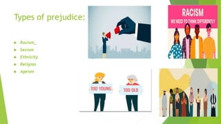 Types of prejudice:
 Racism_
 Sexism
 Ethnicity
 Religion
 Ageism
 