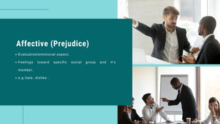 Affective (Prejudice)
Evaluative/emotional aspect.
Feelings toward specific social group and it's
member.
e.g hate, dislike .
 