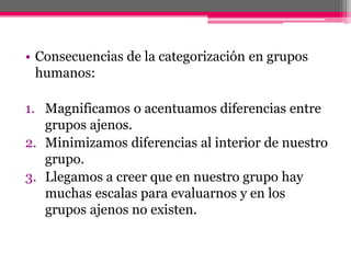 • Consecuencias de la categorización en grupos 
humanos: 
1. Magnificamos o acentuamos diferencias entre 
grupos ajenos. 
2. Minimizamos diferencias al interior de nuestro 
grupo. 
3. Llegamos a creer que en nuestro grupo hay 
muchas escalas para evaluarnos y en los 
grupos ajenos no existen. 
 