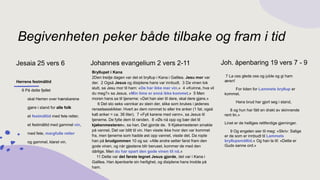 Begivenheten peker både tilbake og fram i tid
Johannes evangelium 2 vers 2-11
Bryllupet i Kana
2Den tredje dagen var det et bryllup i Kana i Galilea. Jesu mor var
der. 2 Også Jesus og disiplene hans var innbudt. 3 Da vinen tok
slutt, sa Jesu mor til ham: «De har ikke mer vin.» 4 «Kvinne, hva vil
du meg?» sa Jesus. «Min time er ennå ikke kommet.» 5 Men
moren hans sa til tjenerne: «Det han sier til dere, skal dere gjøre.»
6 Det sto seks vannkar av stein der, slike som brukes i jødenes
renselsesskikker. Hvert av dem rommet to eller tre anker (1 fat, også
kalt anker = ca. 36 liter). 7 «Fyll karene med vann», sa Jesus til
tjenerne. De fylte dem til randen. 8 «Øs nå opp og bær det til
kjøkenmesteren», sa han. Det gjorde de. 9 Kjøkemesteren smakte
på vannet. Det var blitt til vin. Han visste ikke hvor den var kommet
fra, men tjenerne som hadde øst opp vannet, visste det. Da ropte
han på brudgommen 10 og sa: «Alle andre setter først fram den
gode vinen, og når gjestene blir beruset, kommer de med den
dårlige. Men du har spart den gode vinen til nå.»
11 Dette var det første tegnet Jesus gjorde, det var i Kana i
Galilea. Han åpenbarte sin herlighet, og disiplene hans trodde på
ham.
Jesaia 25 vers 6
Herrens festmåltid
6 På dette fjellet
skal Herren over hærskarene
gjøre i stand for alle folk
et festmåltid med fete retter,
et festmåltid med gammel vin,
med fete, margfulle retter
og gammel, klaret vin.
Joh. åpenbaring 19 vers 7 - 9
7 La oss glede oss og juble og gi ham
æren!
For tiden for Lammets bryllup er
kommet.
Hans brud har gjort seg i stand,
8 og hun har fått en drakt av skinnende
rent lin.»
Linet er de helliges rettferdige gjerninger.
9 Og engelen sier til meg: «Skriv: Salige
er de som er innbudt til Lammets
bryllupsmåltid.» Og han la til: «Dette er
Guds sanne ord.»
 