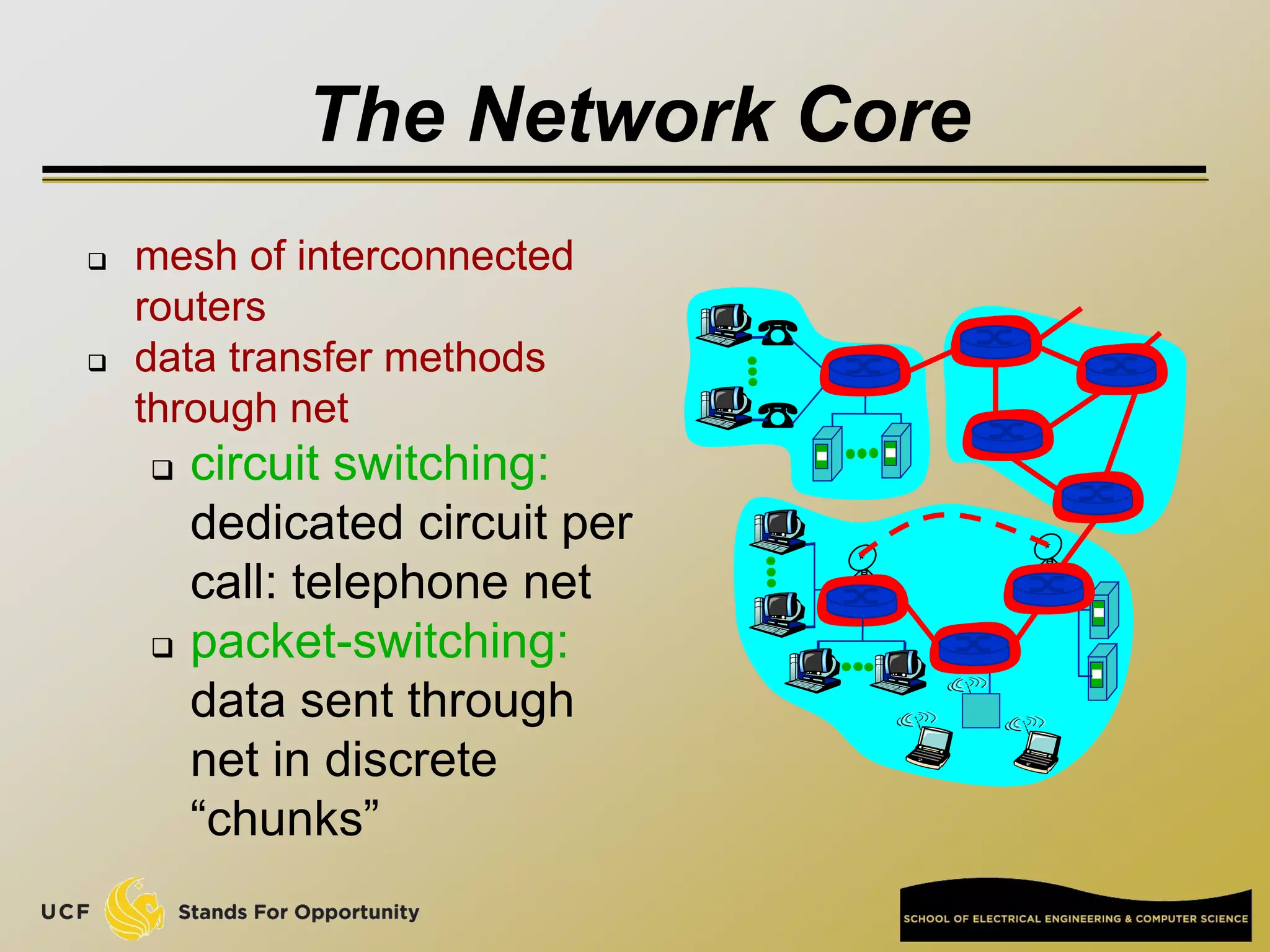 The Network Core
 mesh of interconnected
routers
 data transfer methods
through net
 circuit switching:
dedicated circuit per
call: telephone net
 packet-switching:
data sent through
net in discrete
“chunks”
 