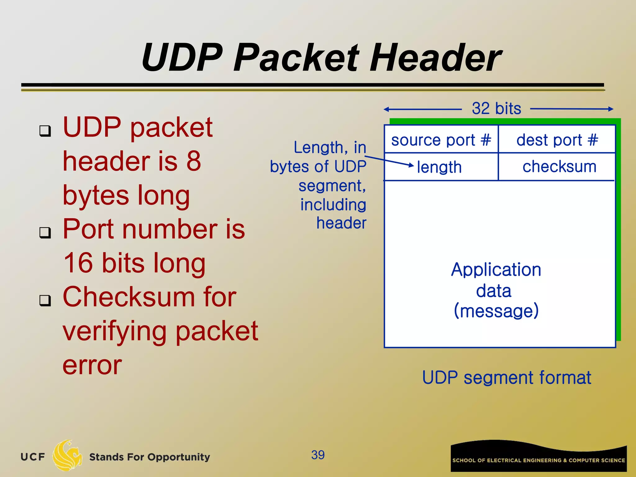 UDP Packet Header
 UDP packet
header is 8
bytes long
 Port number is
16 bits long
 Checksum for
verifying packet
error
39
source port # dest port #
32 bits
Application
data
(message)
UDP segment format
length checksum
Length, in
bytes of UDP
segment,
including
header
 