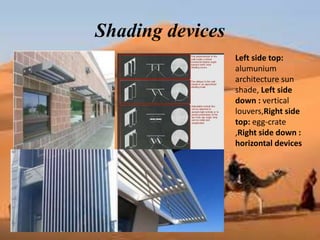 Shading devices
Left side top:
alumunium
architecture sun
shade, Left side
down : vertical
louvers,Right side
top: egg-crate
,Right side down :
horizontal devices
 