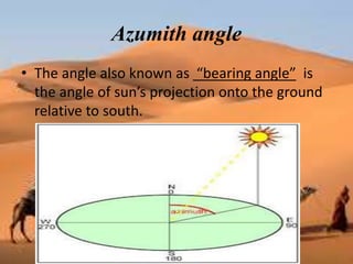 Azumith angle
• The angle also known as “bearing angle” is
the angle of sun’s projection onto the ground
relative to south.
 