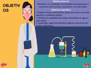 OBJETIV
OS
Objetivo General
Objetivos Específicos
• Preparar ácido acetilsalicílico (aspirina) a partir de ácido
salicílico y anhídrido acético.
• Verificar la solubilidad de ácidos carboxílicos en agua y
éter etílico.
• Comprobar experimentalmente algunas reacciones de
ácidos carboxílicos.
Reconocer la solubilidad, los métodos de preparación y
reacciones de los ácidos carboxílicos y sus derivados.
 